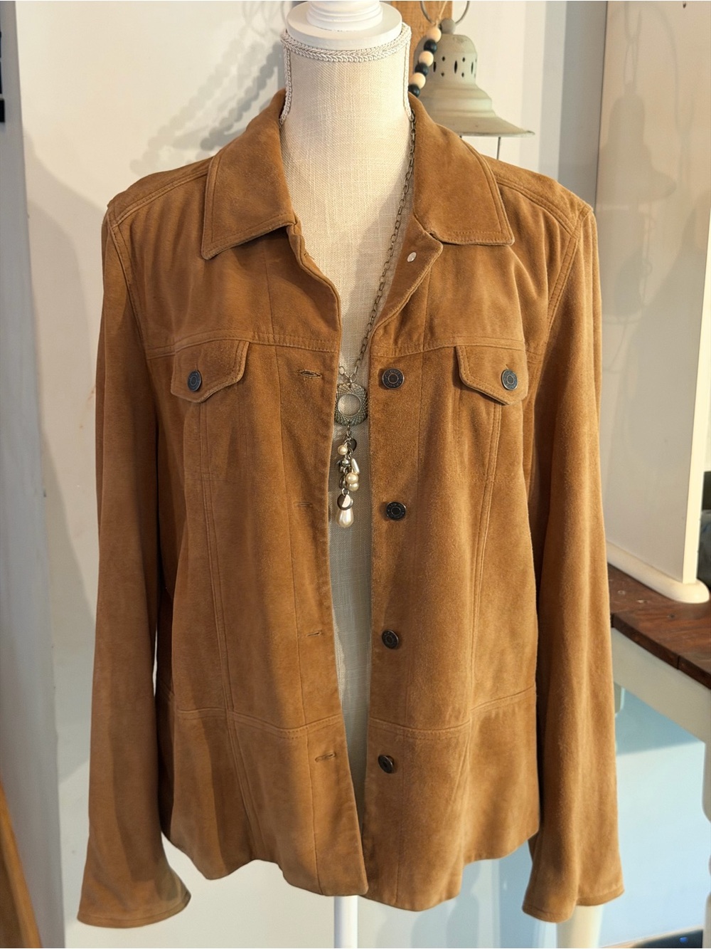 100% Leather/Suede Button-Front Jacket in Caramel Women’s 16W